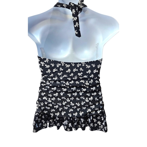 TORRID Vintage Retro Chic Halter Tie Metallic Silver Bow V- Neck Ruffle Swim Top - Picture 9 of 15